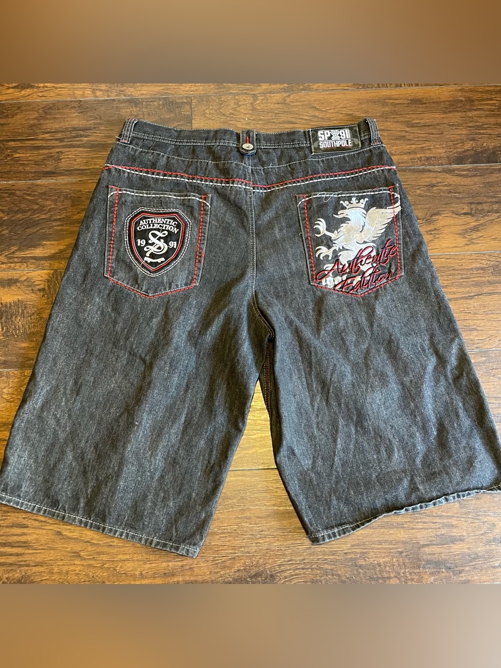 South Pole Black Denim Shorts with Red Stitching & Embroidered Back Pockets